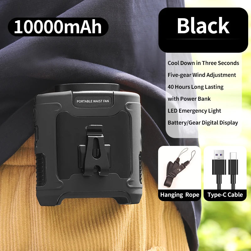 20000mAh Outdoor Portable Waist Fan Hanging Neck Fan Strong Wind with Power Bank LED Lighting for Sports Courier Outdoor Working