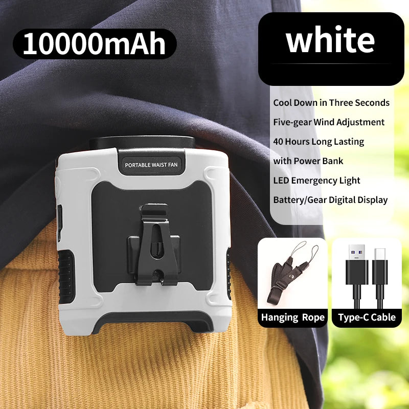 20000mAh Outdoor Portable Waist Fan Hanging Neck Fan Strong Wind with Power Bank LED Lighting for Sports Courier Outdoor Working